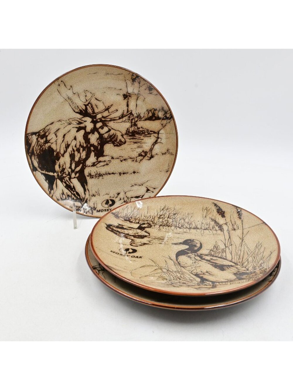 Mossy Oak Wildlife Salad Plates Set 3 Moose Duck Animal Print Stoneware 8.5"